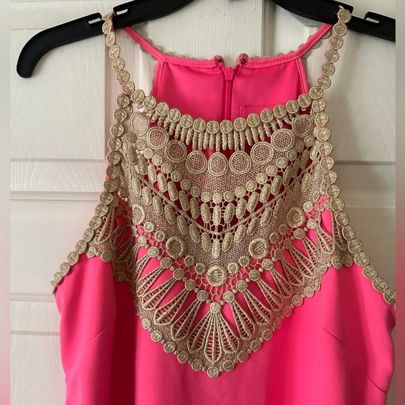 Lilly Pulitzer Pearl Romper, hot pink with gold detail, skort, size 8, Barbie - Picture 3 of 9